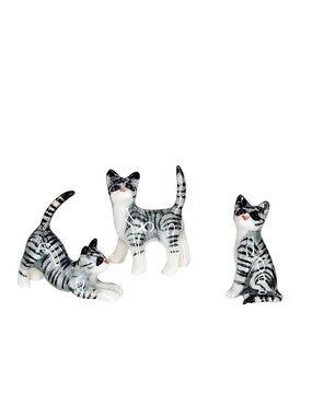 Set Of 3 Miniature Porcelain Gray Tabby Cat Kitten Figurines Dollhouse Tiny
